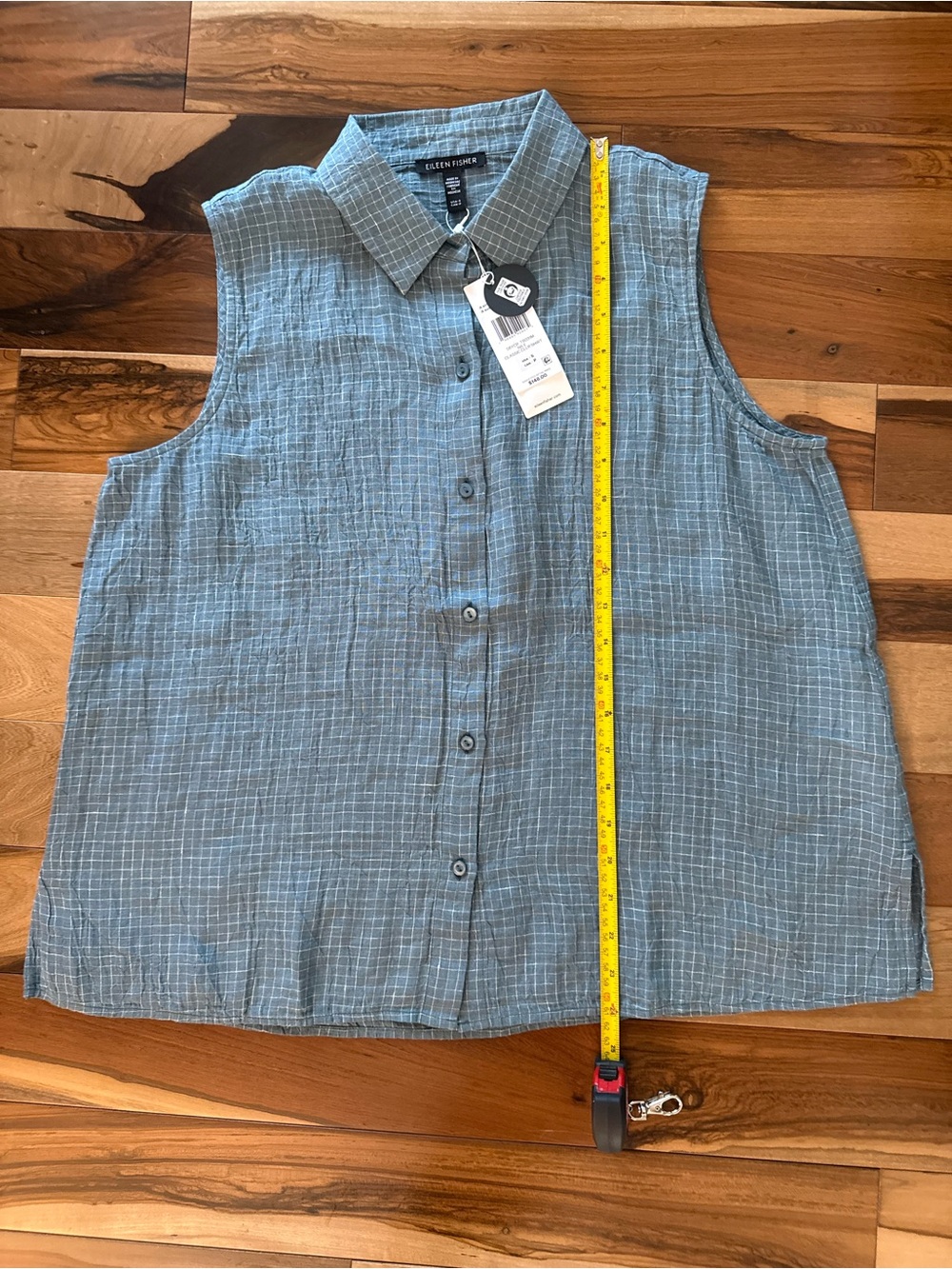 Eileen Fisher Organic Linen Grid Sleeveless Button Shirt Nile S NWT - Picture 10 of 16
